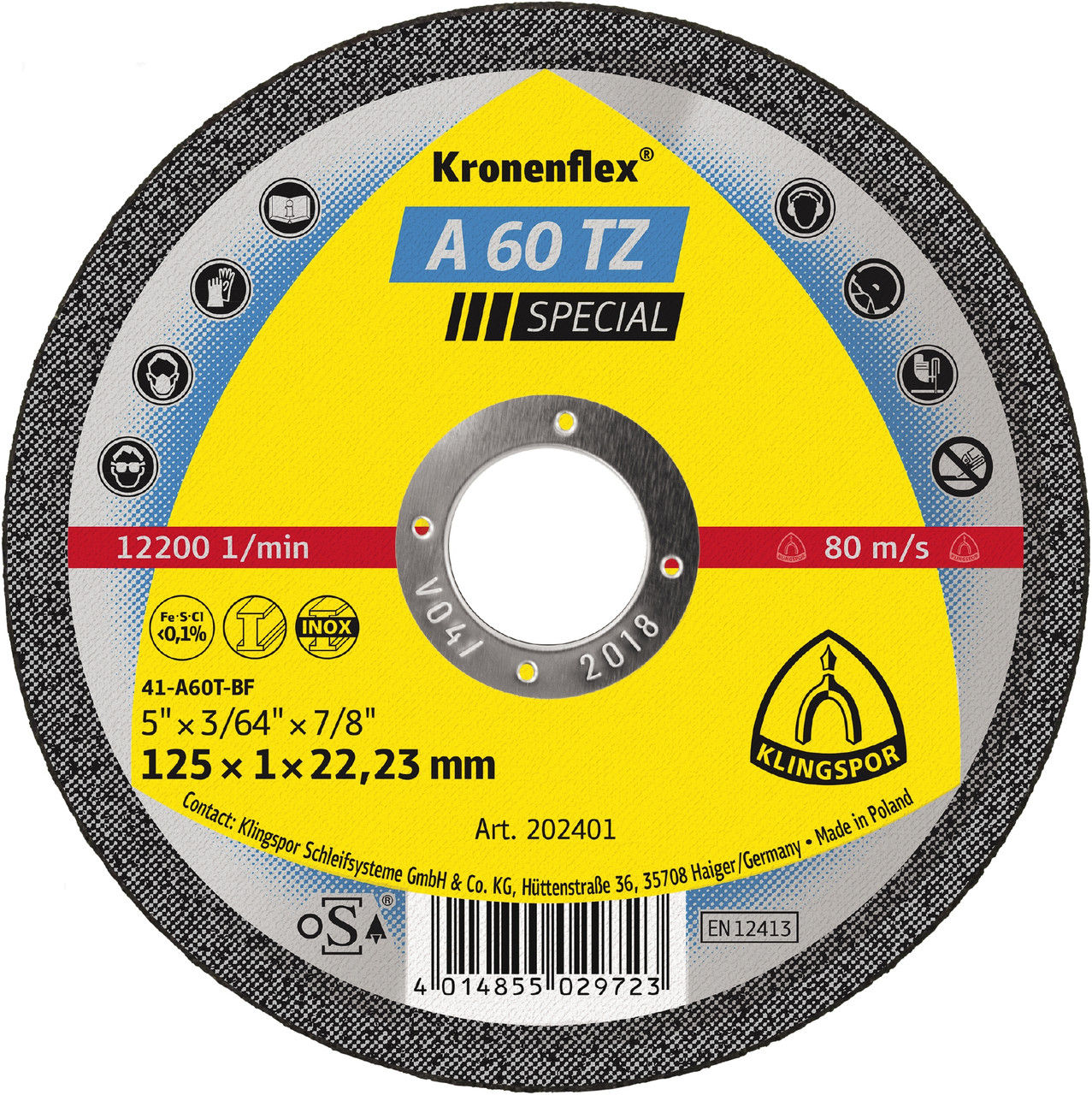 Cutting Off Wheel - (A60Tz) Special/Flat/12200Rpm/Inox Hard 125X1X22Mm