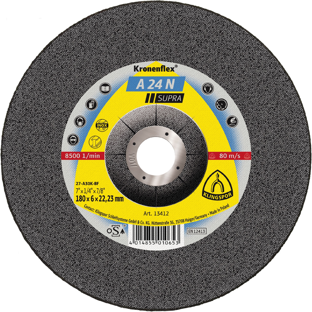 Grinding Disc - (A24N) Supra/8500Rpm/Inox Soft 180X6X22Mm