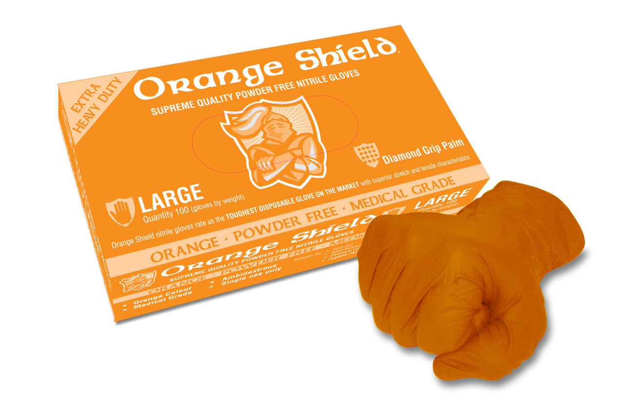 Orange Shield Heavy Duty Nitrile With Diamond Grip, Large, 100 Per Box