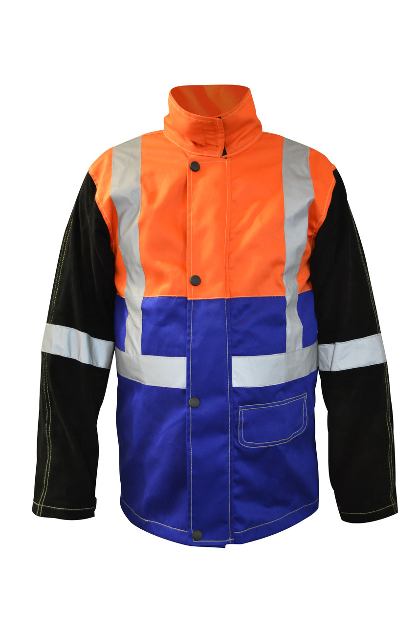 Arcguard Hi-Vis Fire Retardant Welding Jacket With Leather Sleeves Large