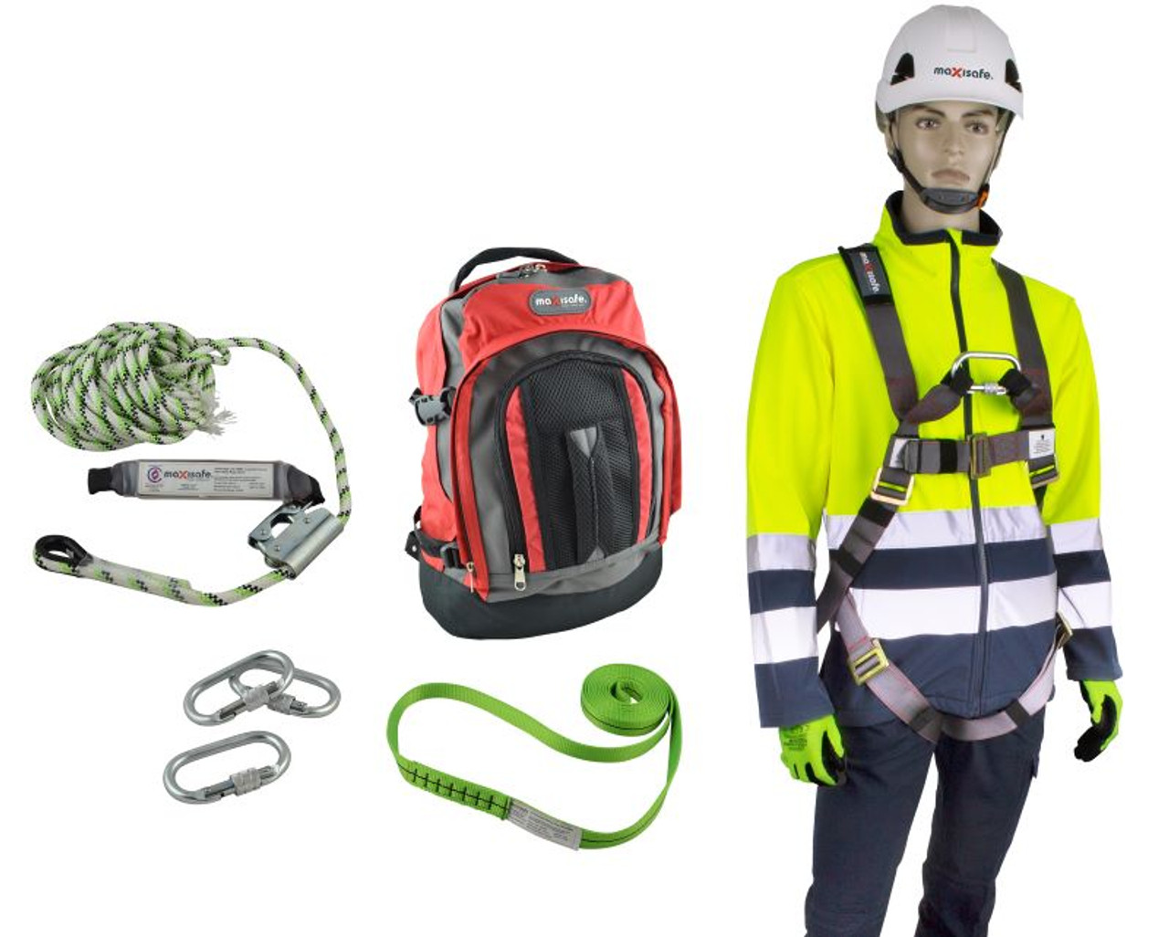 Maxisafe Basic Roofers Kit With Full Body Harness, 15M Rope Line, Screw Gate Karabiner, & 2M Sling, 140Kg Rating