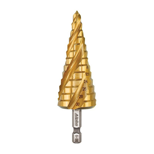 6-30Mm 4 Flute Spiral Step Drill - Quick Release Hex Shank - Carded