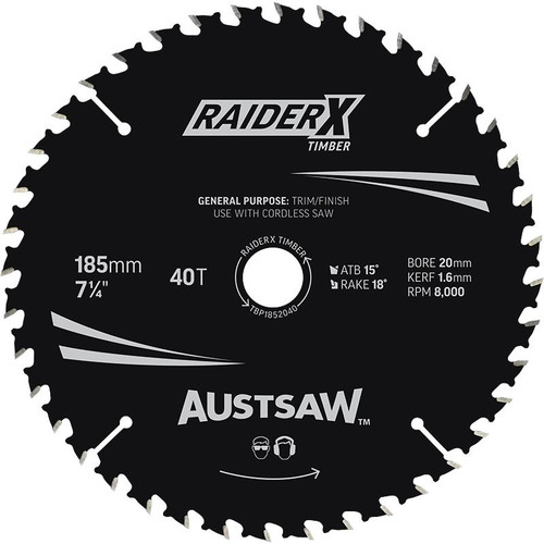 Austsaw Raiderx Timber Blade 185Mm X 20/16 Bore X 40 T Thin Kerf