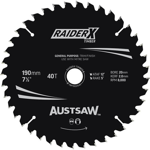 Austsaw Raiderx Timber Blade 190Mm X 20 Bore X 40 T