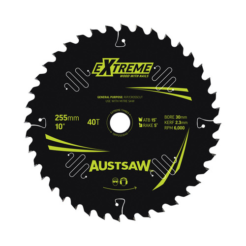 Austsaw Extreme: Wood With Nails Blade 255Mm X 30 Bore X 40 T Thin Kerf