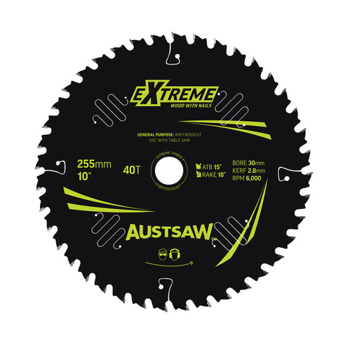 Austsaw Extreme: Wood With Nails Blade 255Mm X 30 Bore X 40 T Table Saw
