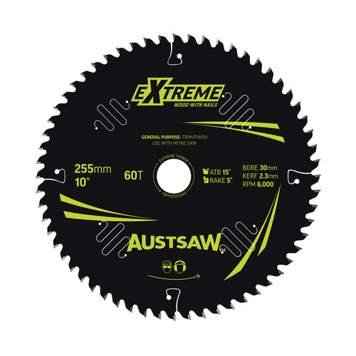 Austsaw Extreme: Wood With Nails Blade 255Mm X 30 Bore X 60 T Thin Kerf