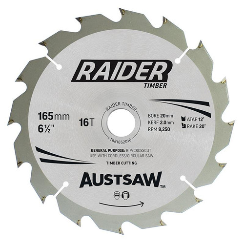 Austsaw Raider Timber Blade 165Mm X 20 Bore X 16 T Thin Kerf