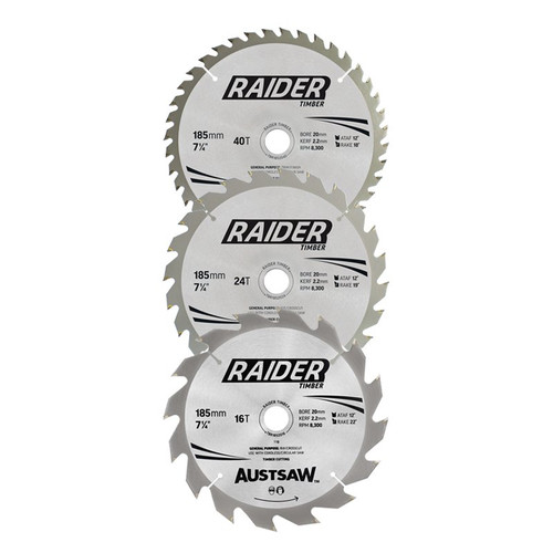 Austsaw Raider Timber Blade 3 Pce Set 185Mm X 20/16 Bore X 16T/24T/40T