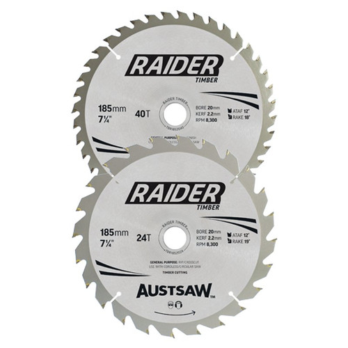 Austsaw Raider Timber Blade 2 Pce Set 185Mm X 20/16 Bore X 24T/40T