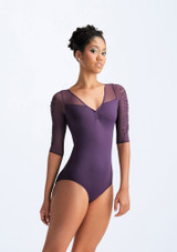 Body con maniche a ¾ in tessuto a rete trasparente ricamato Ember Ballet Rosa Viola Scuro Davanti 2 [Viola]