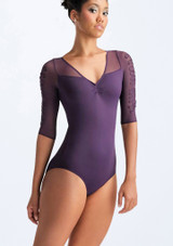 Body con maniche a ¾ in tessuto a rete trasparente ricamato Ember Ballet Rosa Viola Scuro Davanti [Viola]