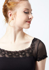 Body Danza a Maniche Corte e Inserti in Pizzo Ballet Rosa Nero Davanti 2 [Nero]