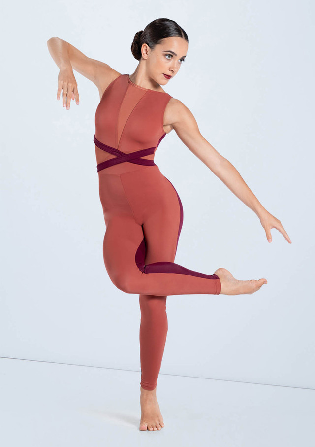 Weissman Two Tone V-Plunge Unitard Rame [Marrone]