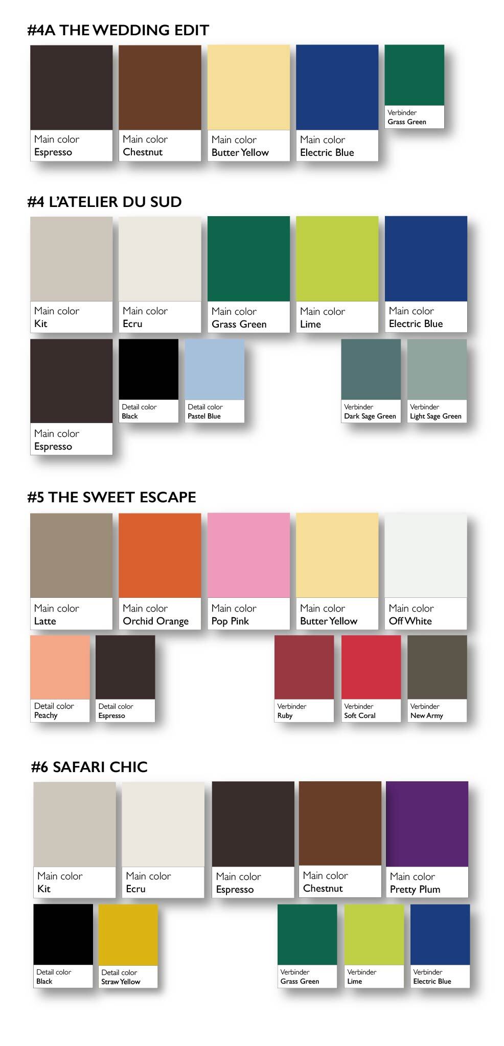 Overzicht van verschillende kleurpaletten met neutrale tinten en accentkleuren gegroepeerd per collectie. De combinaties laten zien hoe kleuren samen een consistente en veelzijdige garderobe vormen.
