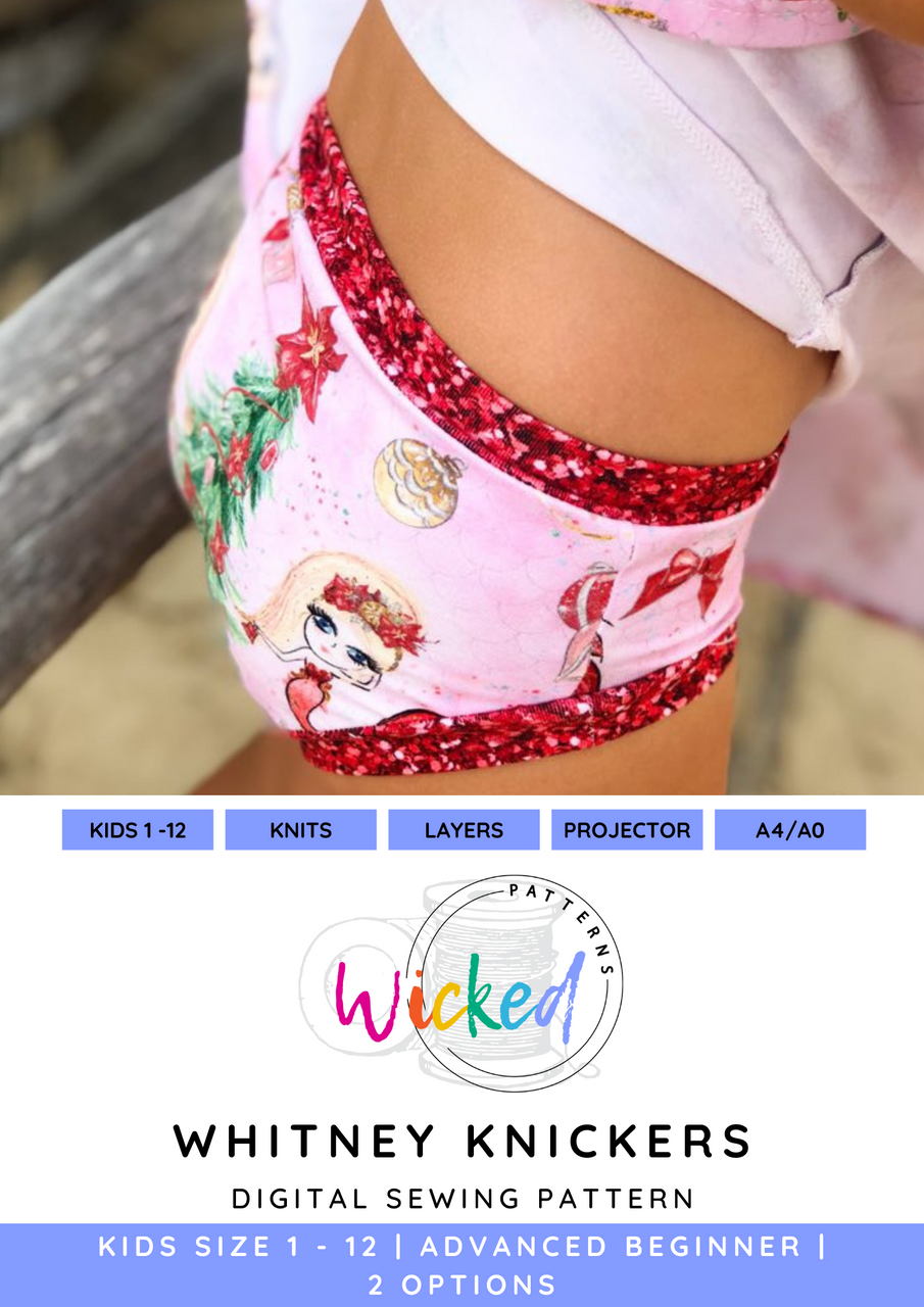 Whitney Knickers KIDS Size 1 to 12 Knit Sewing Pattern by Wicked Patterns -  A4, A0, Projector