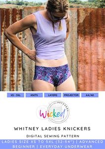 Whitney Ladies Knickers Size XS to 5XL Knit PDF Sewing Pattern by Wicked Patterns - A4, A0, Projector Whitney Ladies Knickers Size XS to 5XL Knit PDF Sewing Pattern by Wicked Patterns - A4, A0, Projector