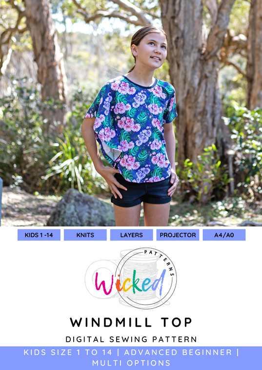 Windmill Top KIDS Size 1 - 14 Knit PDF Sewing Pattern by Wicked Patterns - A4, A0, Projector