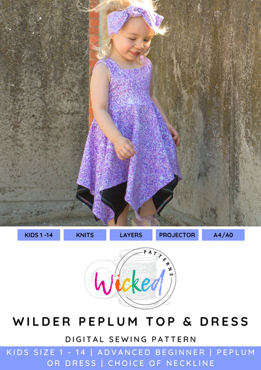 Wilder Peplum Top and Dress KIDS Size 1 - 14 Knit PDF Sewing Pattern by Wicked Patterns - A4, A0, Projector