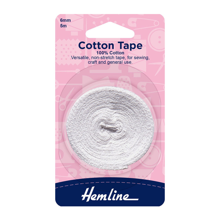 Hemline 100% Cotton Tape 6MM x 5M - White