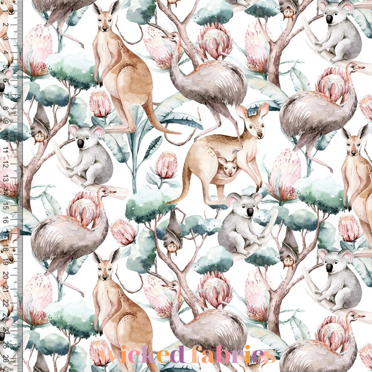 Print Cotton Elastane Jersey - Australian Animals in White | GOTS Organic | 200GSM  - 50CM