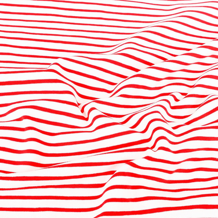 3mm Red 7mm White 95% Cotton 5% Elastane Yarn Dyed Stripe Jersey | 220GSM | OEKO-TEX 100 | Sustainable and Eco Friendly Knit Fabric - 105CM END OF BOLT