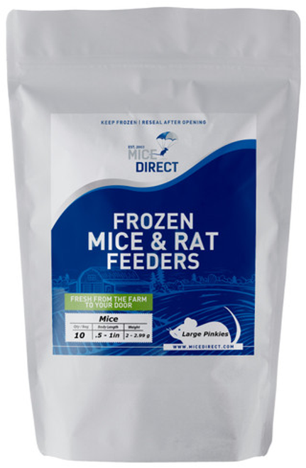 10 Frozen Pinkie Mice
Are you tired of Running to Pet Store for reptile Food and 
what you need is out of stock or what you buy is sized wrong? 
Do they look bad, freezer burned or not fresh?
MiceDirect is convenience & high quality. We have been trusted across America and several countries abroad for decades. We have Exactly What You Need Delivered to you; Farm Fresh to your front Door!!!
•	CUSTOMER SATISFACTION ZERO HASSLE 100% GUARANTEE!!!
•	FROZEN ARRIVAL Guarantee!!
•	SAME DAY PROCESSING & SHIPPING MONDAY-FRIDAY before 1 EST.  (Except the West Coast or businesses: These are same day processing and shipped Monday-Wednesday)
•	All “Home” orders ship 5 Monday-Friday and deliver 7 Days a Week By FedEx & UPS! .  (Except the West Coast or businesses: These are same day processing and shipped Monday-Wednesday)
•	FREE SHIPPING with orders over $69! Under $69 is a $29 S&H, (This is only needed for frozen product. The minimum is excluded on all live product, terrariums and terrarium accessories; no minimum is required)
Rodents are fed Mazuri which is top zoo grade lab feed for the mice, which in turn results in very healthy food for your pet.
We do not take any shortcuts with the mice to improve our profit margins, so you can rest easy that your pet is consuming the best and healthiest rodents.
•	The healthiest and safest frozen feeders for your pet!
As an example: Frozen feeder small pinkie or pinky mice are good for newly hatched corn snake, boas, ball python, king snake, carnivorous lizards, monitors, red tail boas, milk snakes, rat snakes, birds of prey, bearded dragons, amphibians and other predators.