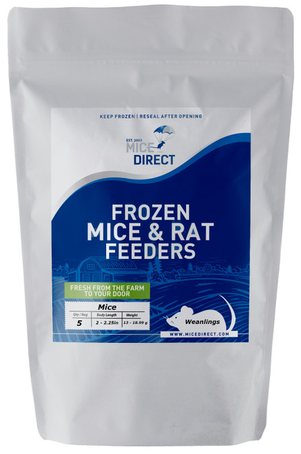 5 Frozen Weanling Mice
Are you tired of Running to Pet Store for reptile Food and 
what you need is out of stock or what you buy is sized wrong? 
Do they look bad, freezer burned or not fresh?
MiceDirect is convenience & high quality. We have been trusted across America and several countries abroad for decades. We have Exactly What You Need Delivered to you; Farm Fresh to your front Door!!!
•	CUSTOMER SATISFACTION ZERO HASSLE 100% GUARANTEE!!!
•	FROZEN ARRIVAL Guarantee!!
•	SAME DAY PROCESSING & SHIPPING MONDAY-FRIDAY before 1 EST.  (Except the West Coast or businesses: These are same day processing and shipped Monday-Wednesday)
•	All “Home” orders ship 5 Monday-Friday and deliver 7 Days a Week By FedEx & UPS! .  (Except the West Coast or businesses: These are same day processing and shipped Monday-Wednesday)
•	FREE SHIPPING with orders over $69! Under $69 is a $29 S&H, (This is only needed for frozen product. The minimum is excluded on all live product, terrariums and terrarium accessories; no minimum is required)
Rodents are fed Mazuri which is top zoo grade lab feed for the mice, which in turn results in very healthy food for your pet.
We do not take any shortcuts with the mice to improve our profit margins, so you can rest easy that your pet is consuming the best and healthiest rodents.
•	The healthiest and safest frozen feeders for your pet!
As an example: Frozen feeder weanling mice are good for newly hatched  corn snake, boas, ball python, king snake, carnivorous lizards, monitors, red tail boas, milk snakes, rat snakes, birds of prey, bearded dragons,  amphibians and other predators.