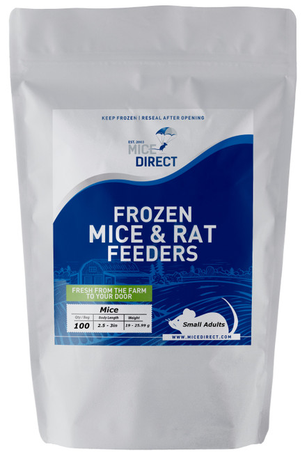 100 Small Adult Mice
Frozen feeder large adult mice are good for newly hatched boas, ball python, king snake, carnivorous lizards, monitors, red tail boas, milk snakes, rat snakes, birds of prey, bearded dragons, amphibians and other predators.