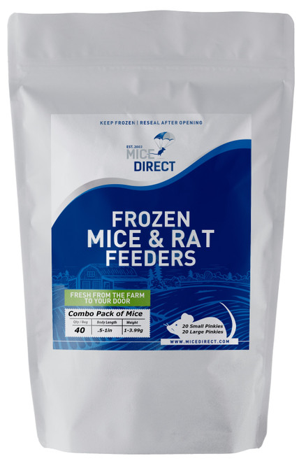 (Contains 40 Mice) 20 Frozen Small Pinkie Mice & 20 Frozen Mice Pinkie Mice
Are you tired of Running to Pet Store for reptile Food and 
what you need is out of stock or what you buy is sized wrong? 
Do they look bad, freezer burned or not fresh?
MiceDirect is convenience & high quality. We have been trusted across America and several countries abroad for decades. We have Exactly What You Need Delivered to you; Farm Fresh to your front Door!!!
•	CUSTOMER SATISFACTION ZERO HASSLE 100% GUARANTEE!!!
•	FROZEN ARRIVAL Guarantee!!
•	SAME DAY PROCESSING & SHIPPING MONDAY-FRIDAY before 1 EST.  (Except the West Coast or businesses: These are same day processing and shipped Monday-Wednesday)
•	All “Home” orders ship 5 Monday-Friday and deliver 7 Days a Week By FedEx & UPS! .  (Except the West Coast or businesses: These are same day processing and shipped Monday-Wednesday)
•	FREE SHIPPING with orders over $69! Under $69 is a $29 S&H, (This is only needed for frozen product. The minimum is excluded on all live product, terrariums and terrarium accessories; no minimum is required)
Rodents are fed Mazuri which is top zoo grade lab feed for the mice, which in turn results in very healthy food for your pet.
We do not take any shortcuts with the mice to improve our profit margins, so you can rest easy that your pet is consuming the best and healthiest rodents.
•	The healthiest and safest frozen feeders for your pet!
As an example: Frozen Small Pinkie and Pinkie mice are good for newly hatched  corn snake, boas, ball python, king snake, carnivorous lizards, monitors, red tail boas, milk snakes, rat snakes, birds of prey, bearded dragons,  amphibians and other predators.
