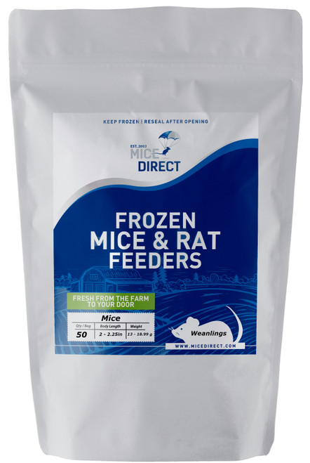 50 Frozen Weanling Mice
Are you tired of Running to Pet Store for reptile Food and 
what you need is out of stock or what you buy is sized wrong? 
Do they look bad, freezer burned or not fresh?
MiceDirect is convenience & high quality. We have been trusted across America and several countries abroad for decades. We have Exactly What You Need Delivered to you; Farm Fresh to your front Door!!!
•	CUSTOMER SATISFACTION ZERO HASSLE 100% GUARANTEE!!!
•	FROZEN ARRIVAL Guarantee!!
•	SAME DAY PROCESSING & SHIPPING MONDAY-FRIDAY before 1 EST.  (Except the West Coast or businesses: These are same day processing and shipped Monday-Wednesday)
•	All “Home” orders ship 5 Monday-Friday and deliver 7 Days a Week By FedEx & UPS! .  (Except the West Coast or businesses: These are same day processing and shipped Monday-Wednesday)
•	FREE SHIPPING with orders over $69! Under $69 is a $29 S&H, (This is only needed for frozen product. The minimum is excluded on all live product, terrariums and terrarium accessories; no minimum is required)
Rodents are fed Mazuri which is top zoo grade lab feed for the mice, which in turn results in very healthy food for your pet.
We do not take any shortcuts with the mice to improve our profit margins, so you can rest easy that your pet is consuming the best and healthiest rodents.
•	The healthiest and safest frozen feeders for your pet!
As an example: Frozen feeder weanling mice are good for newly hatched  corn snake, boas, ball python, king snake, carnivorous lizards, monitors, red tail boas, milk snakes, rat snakes, birds of prey, bearded dragons,  amphibians and other predators.