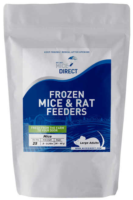 25 Large Adult Mice
Frozen feeder large adult mice are good for newly hatched boas, ball python, king snake, carnivorous lizards, monitors, red tail boas, milk snakes, rat snakes, birds of prey, bearded dragons, amphibians and other predators.