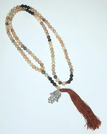 Moonstone and Smoky Quartz Hand of Fatima Crystal Mala Bead Necklace 92cm 
