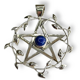 Sterling Silver Vine Leaf Pentacle Pendant Hand Crafted Lapis Lazuli 40mm 