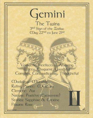 Gemini Zodiac Poster on Parchment A4