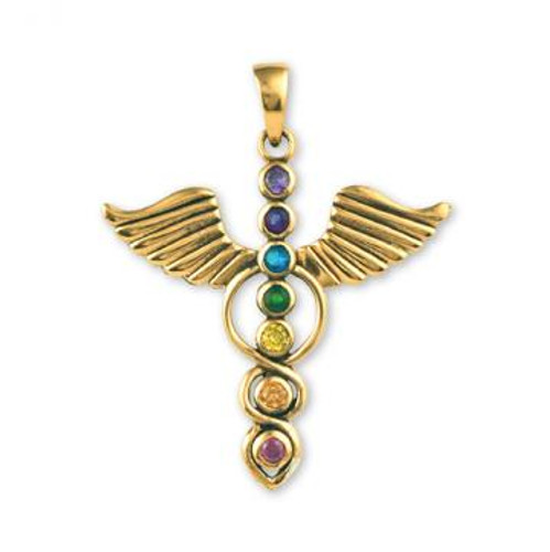 Solid Bronze Pendant Caduceus with 7 Chakra Stones 3.8cm