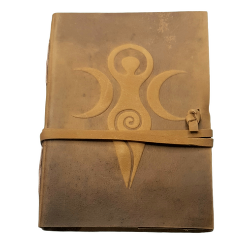 Leather Journal Embossed Triple Moon Spiral Goddess with  Wrap Closure ~ Handmade Parchment - 120 Pages - 13cm x 17.5cm