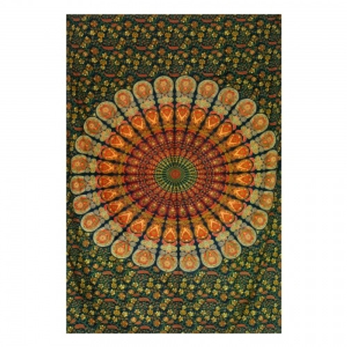 Tapestry Peacock Mandala Green and Red 140cm x 210cm 100% Cotton