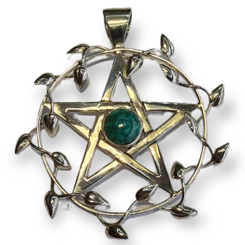 Sterling Silver Vine Leaf Pentacle Pendant Hand Crafted Turquoise 40mm 1