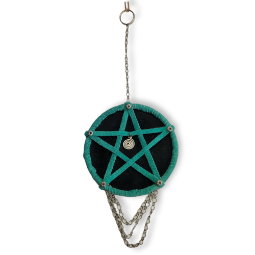 Wall Hanging Talisman Decoration Handmade Leather Pentacle Green Spiral