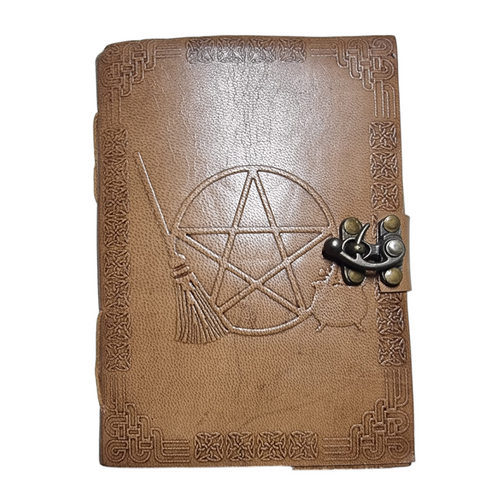 Leather Journal Hand Tooled Pentacle Cauldron with Latch Closure ~ Handmade Parchment - 100 Pages - 12cm x 17cm