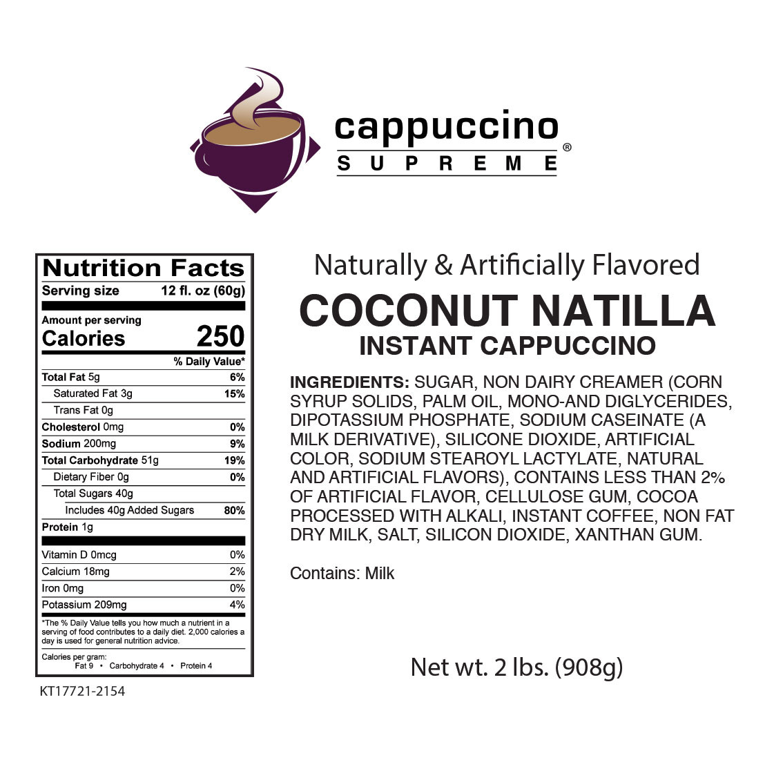 Coconut Natilla Instant cappuccino Mix 2 Lb. Bag - Cappuccino Supreme