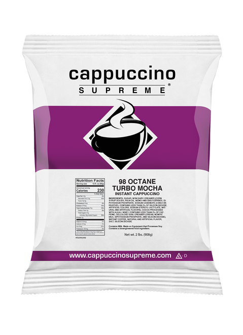 Rich and Creamy Turbo Mocha 98 Octane Cappuccino With added caffeine. Contains 3 Times the Caffeine Of A Regular Cappuccino. 2 lb. bag.