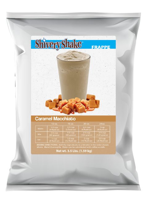 Shivery Shake caramel macchiato frappe mix 3.5 lb bag. Perfect for home or commercial blenders. Easily make your own gourmet frappe!