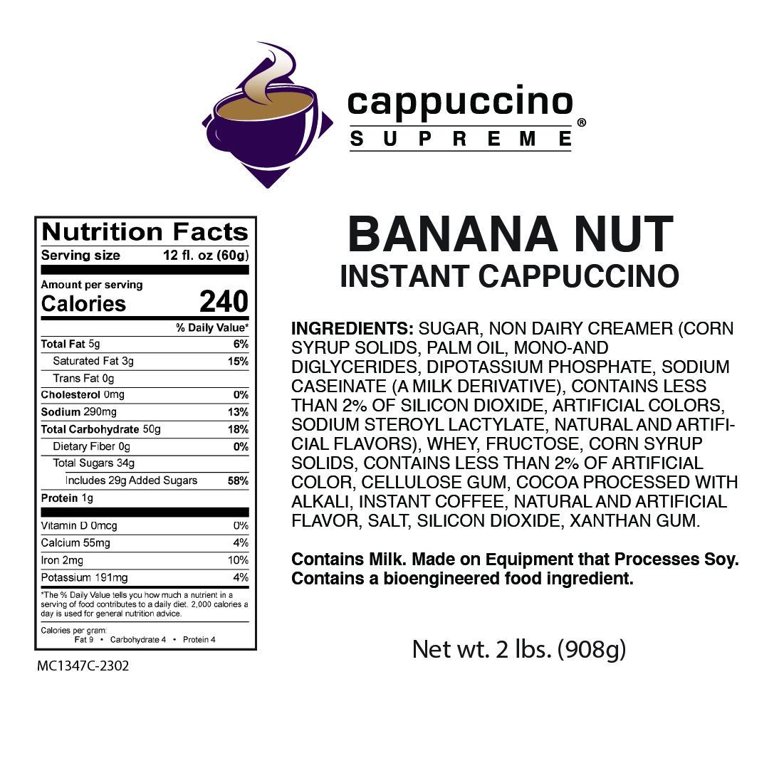 Cappuccino Supreme banana nut instant cappuccino mix nutrition and ingredients.