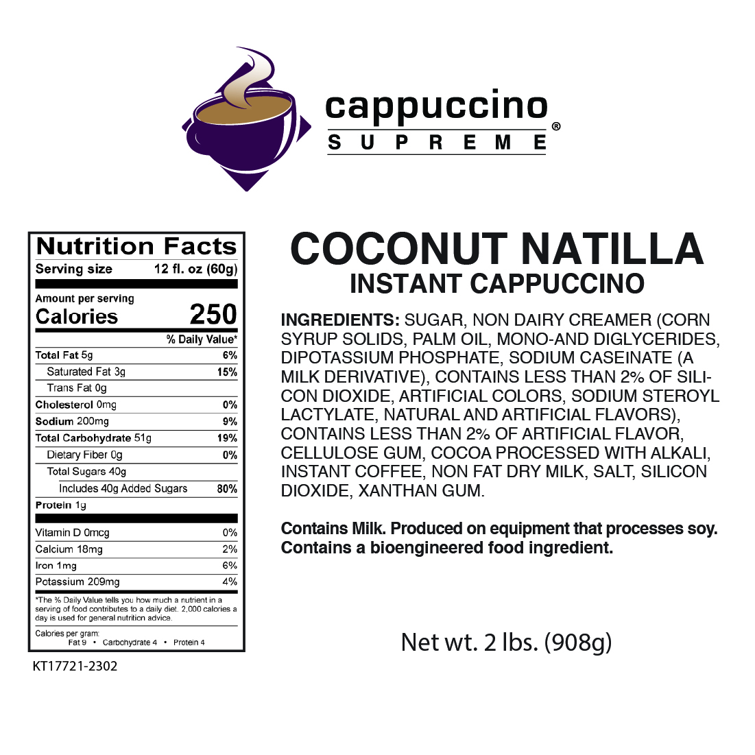 coconut natilla Cappuccino Supreme Nutrition and ingredients