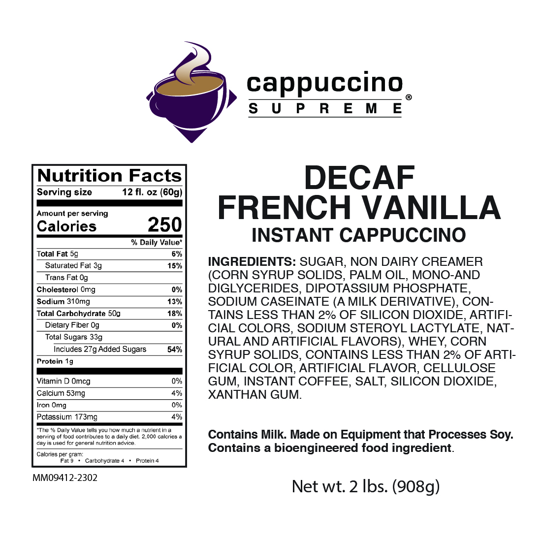 Decaf French vanilla Cappuccino Supreme Nutrition and ingredients