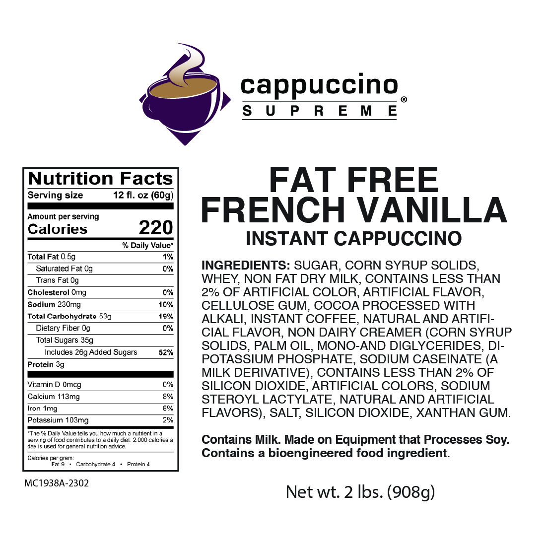 Cappuccino Supreme Fat Free French Vanilla cappuccino nutrition and ingredients.