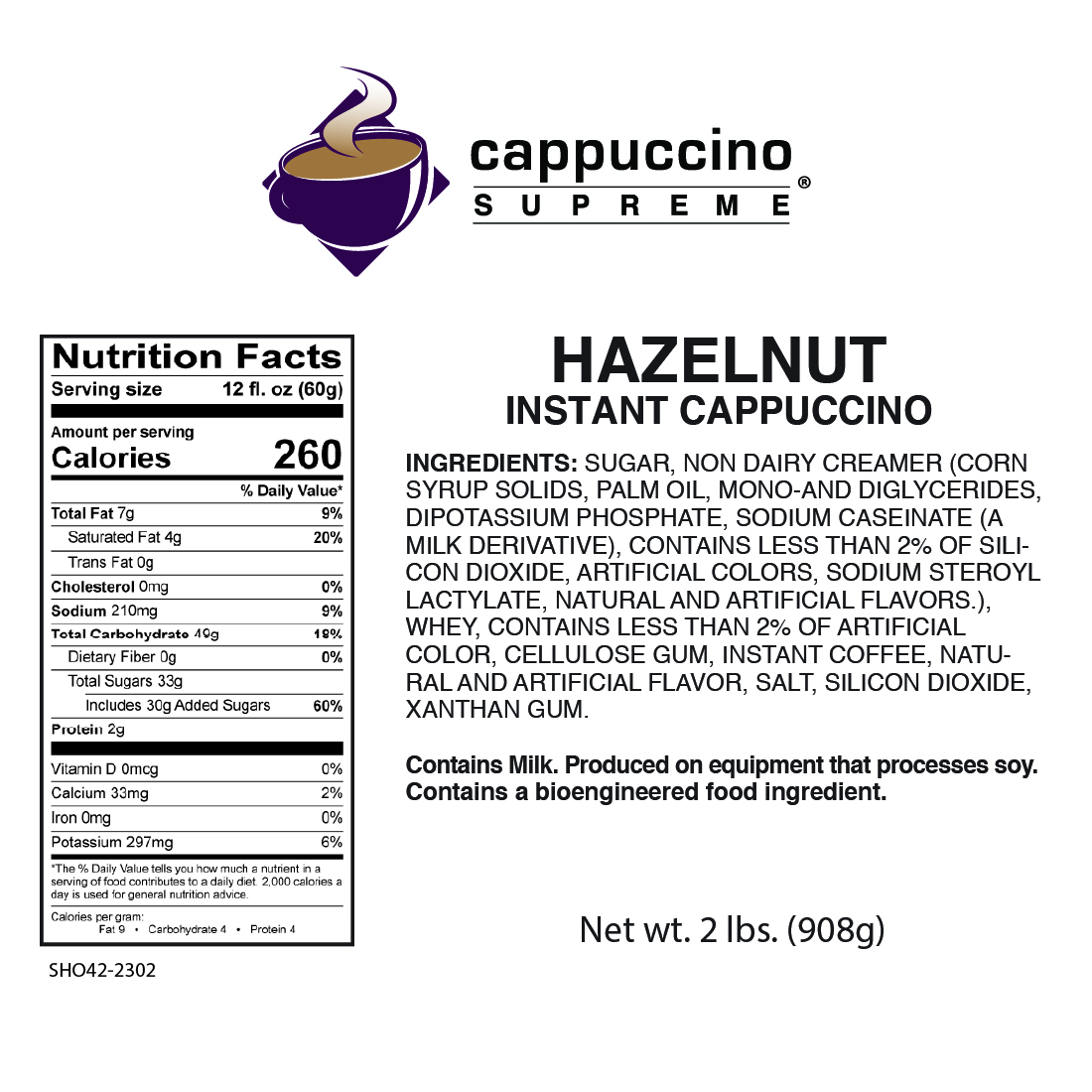 Cappuccino Supreme Hazelnut instant cappuccino mix nutrition and ingredients