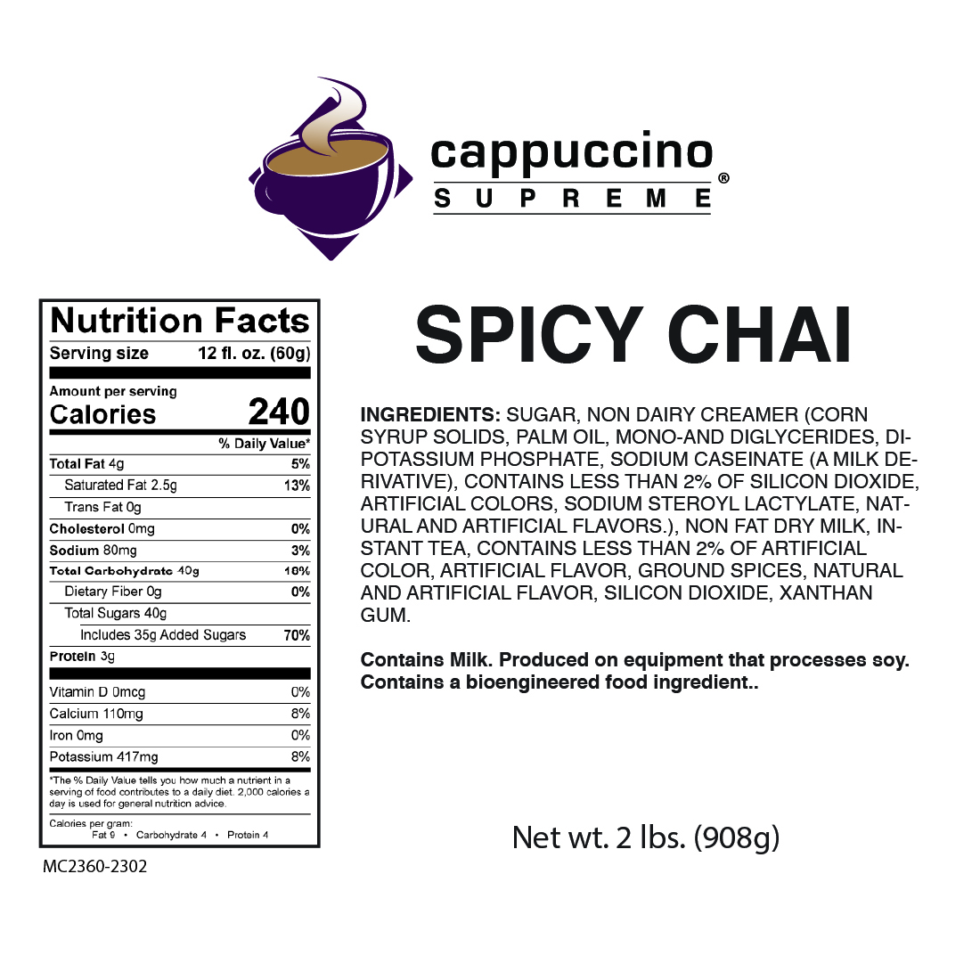 Spicy chai instant chai mix from cappuccino supreme nutrition and ingredients